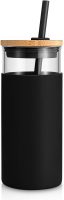 20 oz Glass Tumbler with Lid and Straw, Reusable Iced Coffee Cup with Silicone Sleeve & Bamboo Lid, Smoothie Cup for Home, Office, for Father Men Day Gift from Wife Daughter Son (Black)