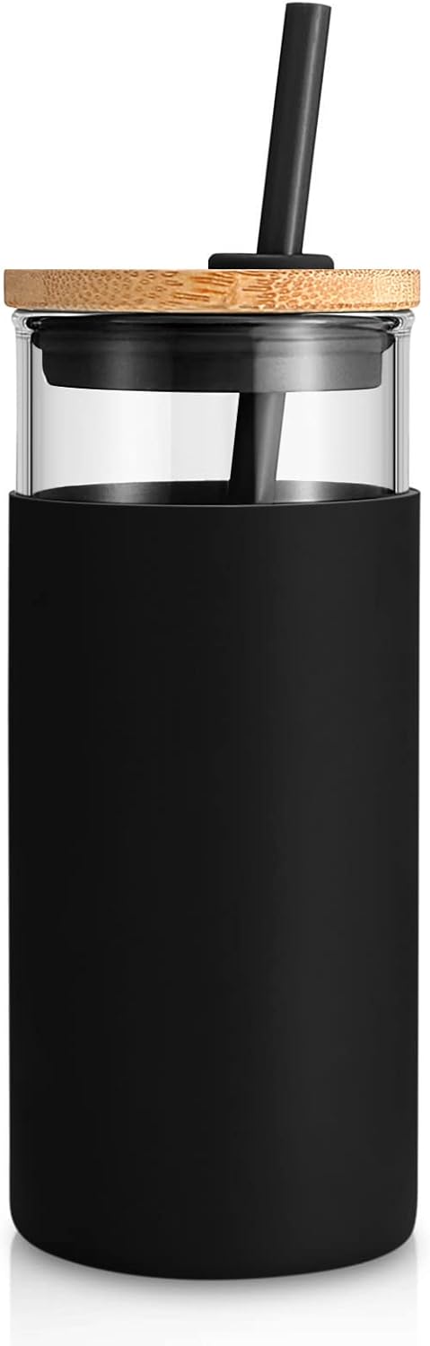 20 oz Glass Tumbler with Lid and Straw, Reusable Iced Coffee Cup with Silicone Sleeve & Bamboo Lid, Smoothie Cup for Home, Office, for Father Men Day Gift from Wife Daughter Son (Black)