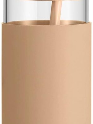 20 oz Glass Tumbler with Lid & Straw - Iced Coffee Cup & Smoothie Cup With Silicone Sleeve | BPA-Free, Dishwasher Safe | Reusable Glass Cups with Bamboo Lids and Straws (Amber, 1 Count)