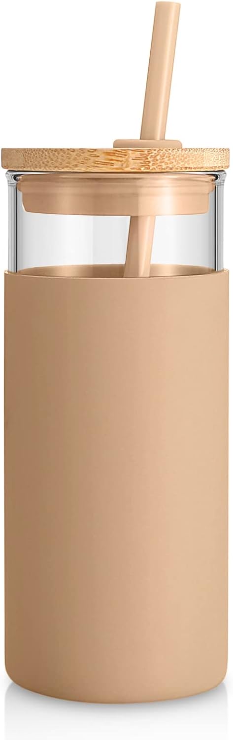 20 oz Glass Tumbler with Lid & Straw - Iced Coffee Cup & Smoothie Cup With Silicone Sleeve | BPA-Free, Dishwasher Safe | Reusable Glass Cups with Bamboo Lids and Straws (Amber, 1 Count)