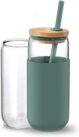 20oz Glass Water Tumbler with Silicone Protective Sleeve - Beer Shaped Glass Cups with Straw and Bamboo Lid, Iced Coffee Glasses, Cute Drinking Glasses for Water, Smoothie, Gift - Cambridge Blue