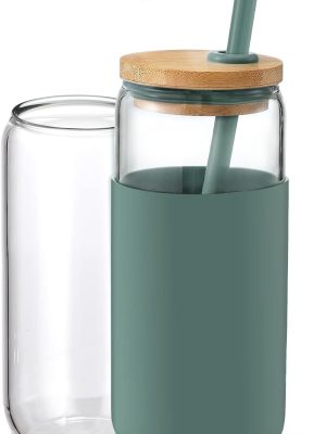 20oz Glass Water Tumbler with Silicone Protective Sleeve - Beer Shaped Glass Cups with Straw and Bamboo Lid, Iced Coffee Glasses, Cute Drinking Glasses for Water, Smoothie, Gift - Cambridge Blue