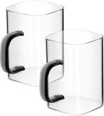 8.5oz Drinking Glasses Square Glass Coffee Cups Clear Tumbler with Handle for Water Iced Coffee Tea Juice Cocktail Mixed Drinks Dessert Kitchen Glassware Party Gifts,Set of 2,Dark Grey