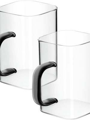 8.5oz Drinking Glasses Square Glass Coffee Cups Clear Tumbler with Handle for Water Iced Coffee Tea Juice Cocktail Mixed Drinks Dessert Kitchen Glassware Party Gifts,Set of 2,Dark Grey