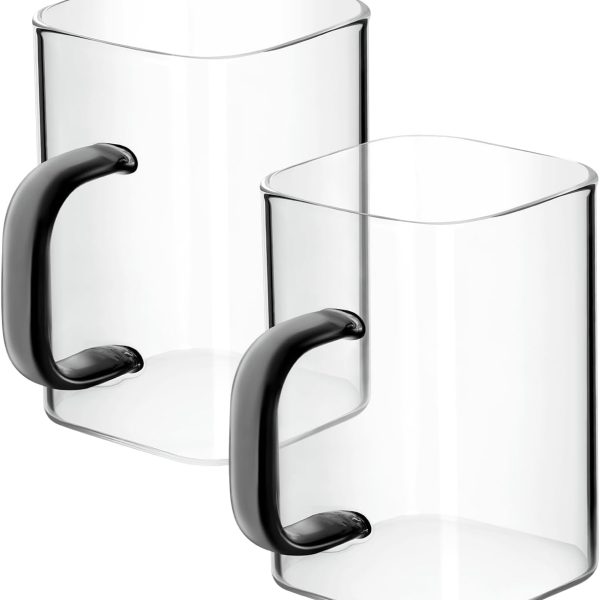 8.5oz Drinking Glasses Square Glass Coffee Cups Clear Tumbler with Handle for Water Iced Coffee Tea Juice Cocktail Mixed Drinks Dessert Kitchen Glassware Party Gifts,Set of 2,Dark Grey