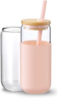 20oz Glass Water Tumbler with Silicone Protective Sleeve - Beer Shaped Glass Cups with Straw and Bamboo Lid, Iced Coffee Glasses, Cute Drinking Glasses for, Water Smoothie, Boba Tea, Gift - Pink