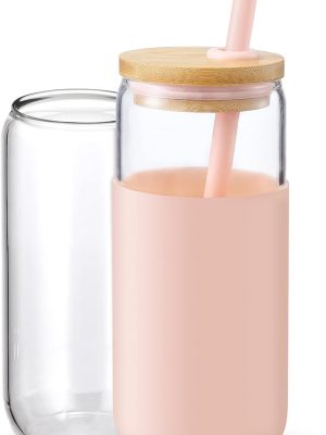 20oz Glass Water Tumbler with Silicone Protective Sleeve - Beer Shaped Glass Cups with Straw and Bamboo Lid, Iced Coffee Glasses, Cute Drinking Glasses for, Water Smoothie, Boba Tea, Gift - Pink