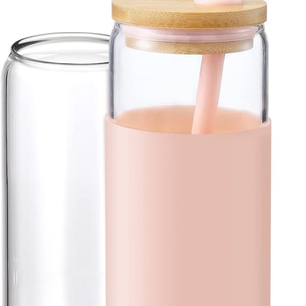 20oz Glass Water Tumbler with Silicone Protective Sleeve - Beer Shaped Glass Cups with Straw and Bamboo Lid, Iced Coffee Glasses, Cute Drinking Glasses for, Water Smoothie, Boba Tea, Gift - Pink