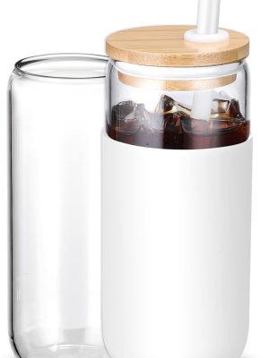 20oz Glass Water Tumbler with Silicone Protective Sleeve - Beer Can Glass Cups with Straw and Bamboo Lid, Iced Coffee Glasses, Cute Drinking Glasses for, Water Smoothie, Boba Tea, Gift - 1 Pack
