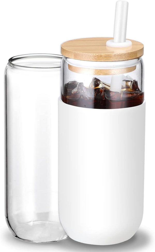 20oz Glass Water Tumbler with Silicone Protective Sleeve - Beer Can Glass Cups with Straw and Bamboo Lid, Iced Coffee Glasses, Cute Drinking Glasses for, Water Smoothie, Boba Tea, Gift - 1 Pack
