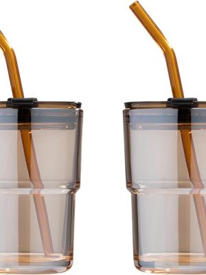 13 oz Tumbler Water Glass, Water Bottle with Straw and Dustproof Lid, Coffee Ice Cup Double Wall Insulated Glass Cup (Amber-2Pack)