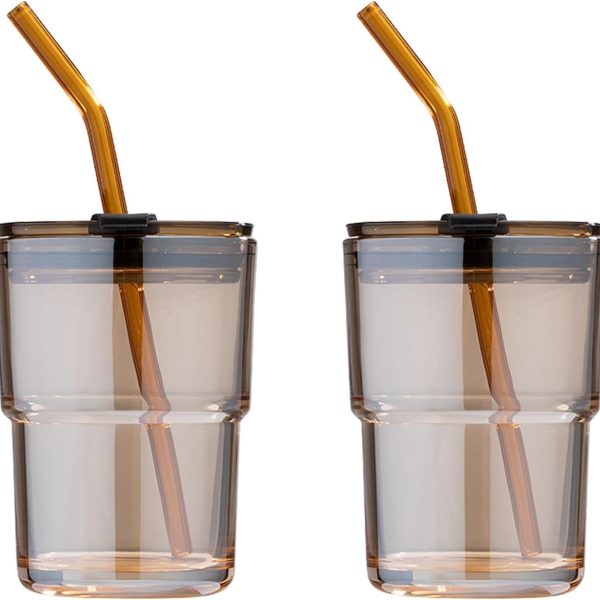 13 oz Tumbler Water Glass, Water Bottle with Straw and Dustproof Lid, Coffee Ice Cup Double Wall Insulated Glass Cup (Amber-2Pack)