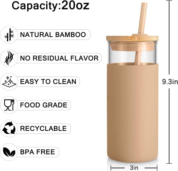 20oz Glass Tumbler Glass Water Bottle Straw Silicone Protective Sleeve Bamboo Lid - BPA Free (French Grey/ 1 Pack)