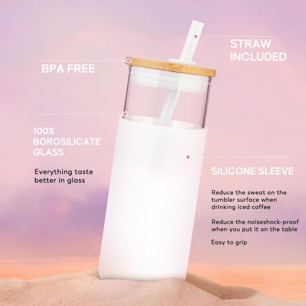 20 oz Glass Tumbler with Lid & Straw - Iced Coffee Cup & Smoothie Cup With Silicone Sleeve | BPA-Free, Dishwasher Safe | Reusable Glass Cups with Bamboo Lids and Straws (Amber, 1 Count)