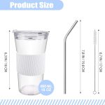 2 pcs Iced Coffee Cups with Lids, 16 oz Glass Cups with Lids and Straws, Reusable Tumbler with Silicone Sleeve, Wide Mouth Can Shaped Drinking Glasses for Coffee Juice Water Smoothie (White)