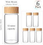 6 Pack Glass Bottles with Lids 12 oz Juicing Bottles Reusable Wide Mouth Glass cups Airtight Leak Proof Drinking Milk Water Tea cups for Storage(Wood)