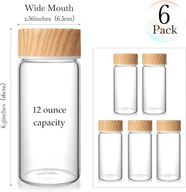 6 Pack Glass Bottles with Lids 12 oz Juicing Bottles Reusable Wide Mouth Glass cups Airtight Leak Proof Drinking Milk Water Tea cups for Storage(Wood)