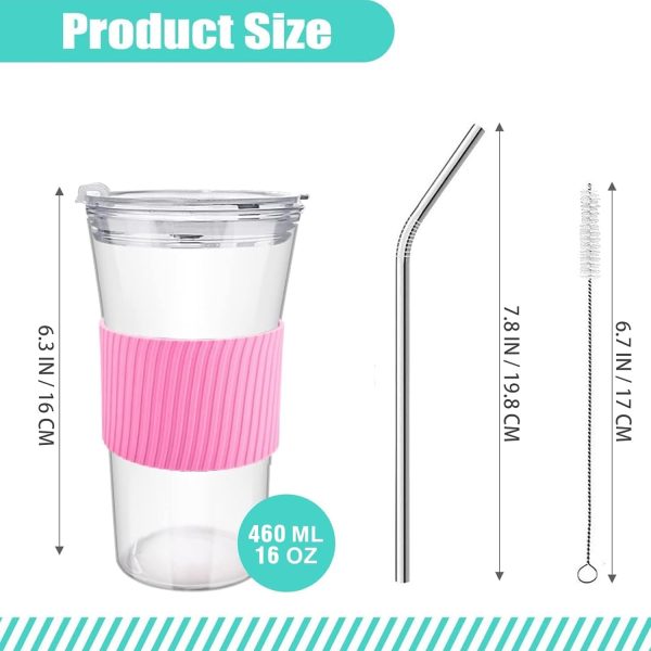 2 pcs Iced Coffee Cups with Lids, 16 oz Glass Cups with Lids and Straws, Reusable Tumbler with Silicone Sleeve, Wide Mouth Can Shaped Drinking Glasses for Coffee Juice Water Smoothie (Pink)