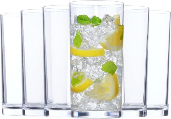 Acrylic Classic Clear Plastic Reusable Drinking Glasses (Set of 6) 16oz Water Cups | BPA-Free Tumblers, Top-Rack Dishwasher Safe