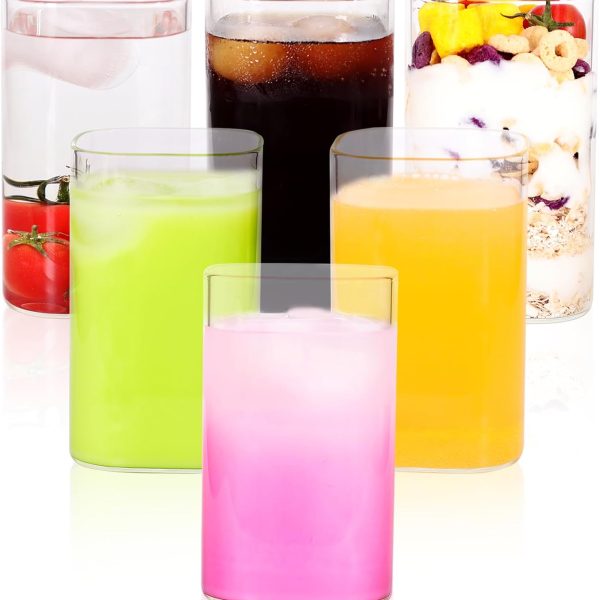 Square Drinking Glasses Set of 6 Water Glasses for Cocktail, Iced Coffee, Beer, Wine, Whiskey, Water, 13 oz Clear Glass Cups Mixed Drink Tumbler for Coffee - Bar Accessories
