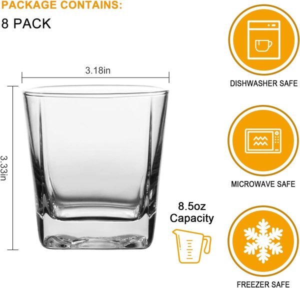 Drinking Glasses Set of 8, Glassware Set Includes 8 Rocks Glasses Heavy Base Glass Cups for Water, Juice, Beer, Wine, and Cocktails