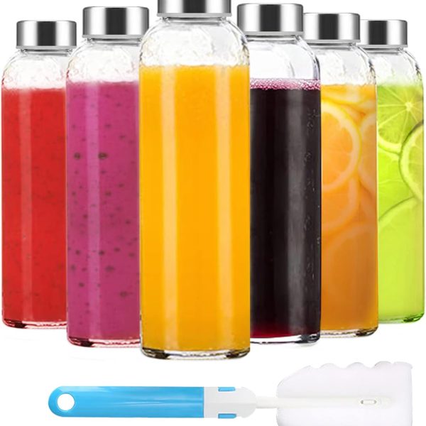 Clear Glass Bottles with Lids 18 oz, Reusable Glass Water Bottles with Stainless Steel Cap for Juicing, Refrigerator,100% Leak Proof, BPA Free, Juice Water Bottle Set of 6
