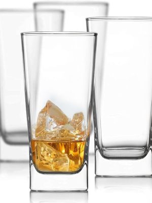 Everyday Drinking Glasses Set of 4 Drinkware Kitchen  Glasses for Cocktail, Iced Coffee, Beer, Ice Tea, Wine, Whiskey, Water, 4 Tall Glass Cups, Square Glassware Sets