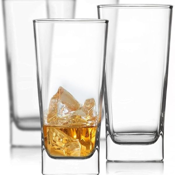 Everyday Drinking Glasses Set of 4 Drinkware Kitchen  Glasses for Cocktail, Iced Coffee, Beer, Ice Tea, Wine, Whiskey, Water, 4 Tall Glass Cups, Square Glassware Sets