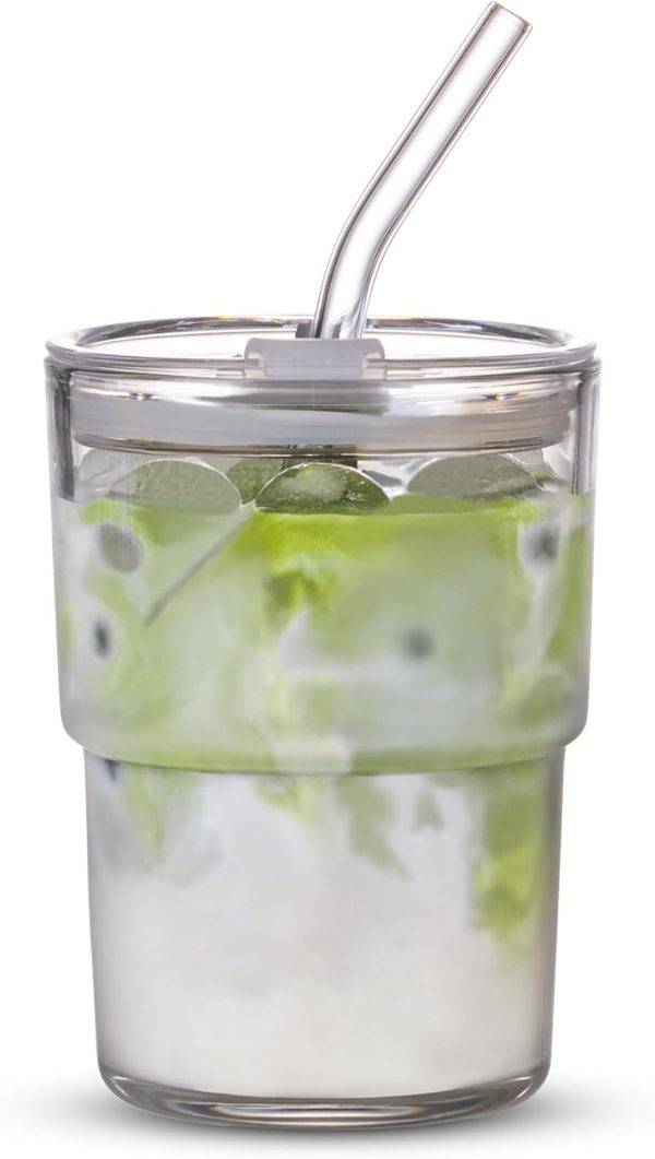 13oz/400ml Tumbler Water Glass, Cups with Straw and Lid Sealed Carry on for Coffee, Iced Tea, Thick Wall Insulated Glass Cup(white)