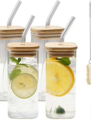 Glass Cups with Lids & Straws 4 pcs Set Square shaped, Drinking Glasses Beer Glasses Tumblers Cups Water Bottles for Iced Coffee, Cocktail, Beer, Soda, Whiskey