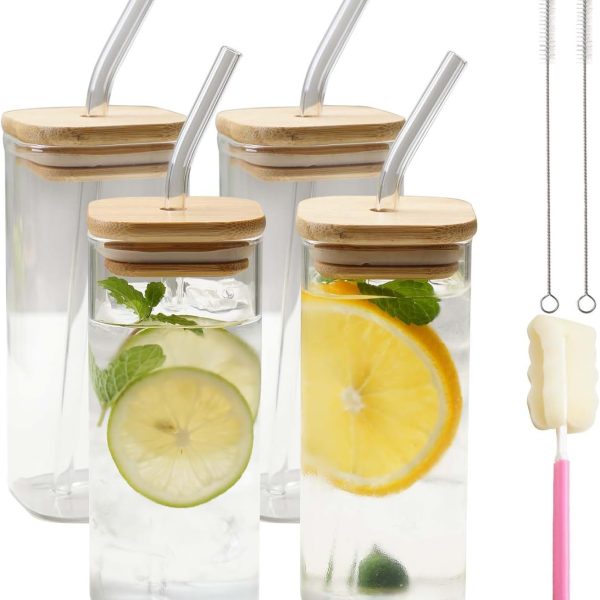 Glass Cups with Lids & Straws 4 pcs Set Square shaped, Drinking Glasses Beer Glasses Tumblers Cups Water Bottles for Iced Coffee, Cocktail, Beer, Soda, Whiskey
