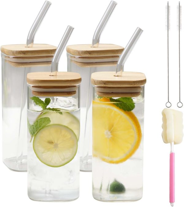 Glass Cups with Lids & Straws 4 pcs Set Square shaped, Drinking Glasses Beer Glasses Tumblers Cups Water Bottles for Iced Coffee, Cocktail, Beer, Soda, Whiskey