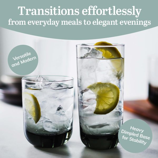 Tumbler and Rocks Glass Set, Smoke Hue Drinkware Glasses Set, Lead-Free Tall Water Glasses with Modern Clean Lines, Dishwasher Safe Drinking Glasses Set of 16