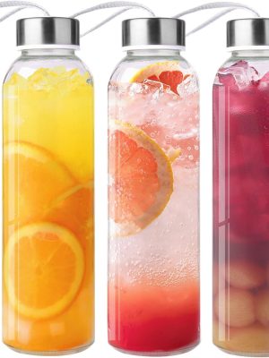 3 Packs Glass Water Bottles with Lid Clear Juice Bottles Reusable Bottle with Stainless Steel Cap Glass Cups Liquid Storage Containers for Juicing Beverage Refrigerator Travel-18oz