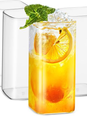 Drinking Glasses 13 oz,Thin Square Set of 4,Elegant Bar Glassware For Water,Juice,Beer, Drinks,and Cocktails and Mixed Drinks,Lead-Free Glass,Glass Drink Tumblers
