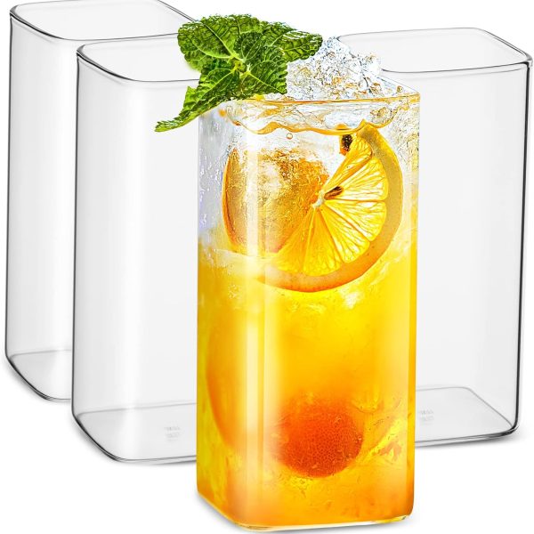 Drinking Glasses 13 oz,Thin Square Set of 4,Elegant Bar Glassware For Water,Juice,Beer, Drinks,and Cocktails and Mixed Drinks,Lead-Free Glass,Glass Drink Tumblers