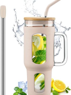 Glass Tumbler with Lid and Straw, 46 oz Iced Coffee Cup with Handle, Glass Water Bottles with Silicone Sleeve, Glass Cup with Straws - Pearl Straw & Drinking Straw BPA Free-Amber