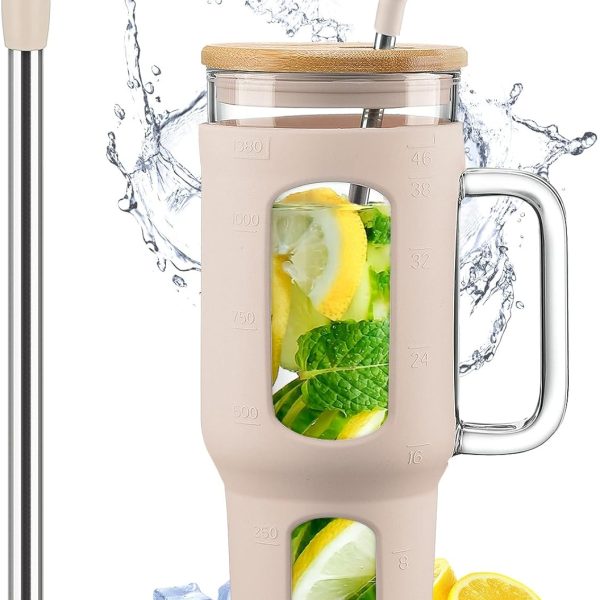Glass Tumbler with Lid and Straw, 46 oz Iced Coffee Cup with Handle, Glass Water Bottles with Silicone Sleeve, Glass Cup with Straws - Pearl Straw & Drinking Straw BPA Free-Amber