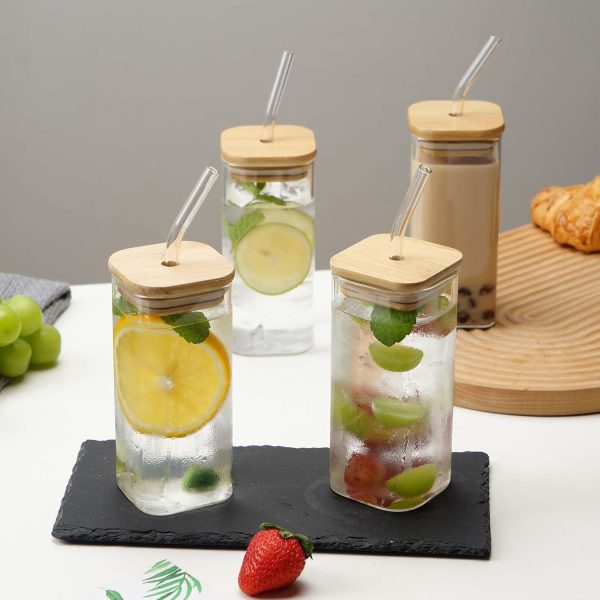 Glass Cups with Lids & Straws 4 pcs Set Square shaped, Drinking Glasses Beer Glasses Tumblers Cups Water Bottles for Iced Coffee, Cocktail, Beer, Soda, Whiskey