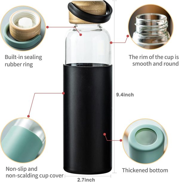 21oz Borosilicate Glass Water Bottles with Silicone Non-Slip Sleeve & Leak-Proof Lid-Reusable Drink Bottle for Office,Travel,Gym,Hiking-BPA Free,Ideal Gift for Home,Car &Fitness (Black)