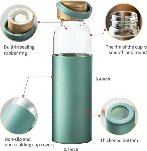 21oz Borosilicate Glass Water Bottles with Silicone Non-Slip Sleeve & Leak-Proof Lid-Reusable Drink Bottle for Office,Travel,Gym,Hiking-BPA Free,Ideal Gift for Home,Car &Fitness (Green)