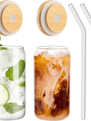 Drinking Glasses with Bamboo Lids and Glass Straw 2PCS Set, 16oz Glass Cups with Lids and Straws, Beer, Iced Coffee Glasses, Soda, Gift 1 Cleaning Brushes