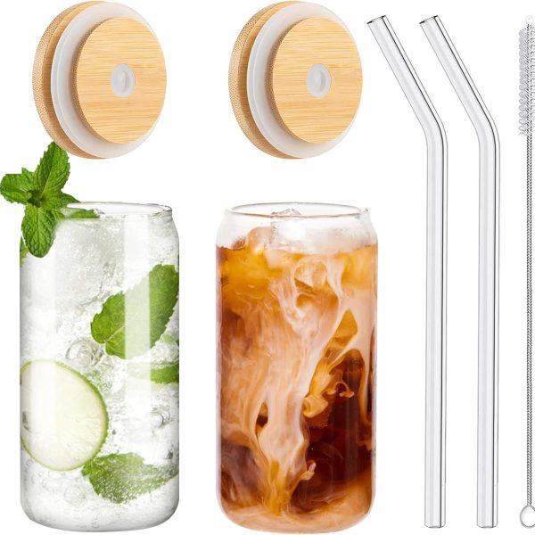 Drinking Glasses with Bamboo Lids and Glass Straw 2PCS Set, 16oz Glass Cups with Lids and Straws, Beer, Iced Coffee Glasses, Soda, Gift 1 Cleaning Brushes