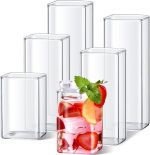 Set of 6 Square Drinking Glasses 8/13/17 oz Cocktail Glass Cups Clear Tall Cute Tumbler for Iced Tea Juice Beer Coffee Mixed Drink