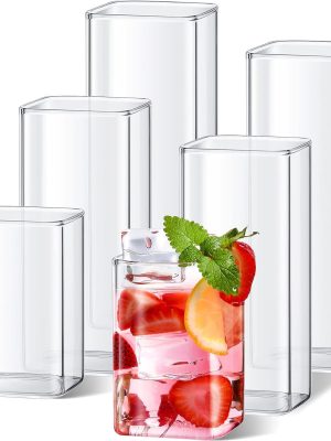 Set of 6 Square Drinking Glasses 8/13/17 oz Cocktail Glass Cups Clear Tall Cute Tumbler for Iced Tea Juice Beer Coffee Mixed Drink