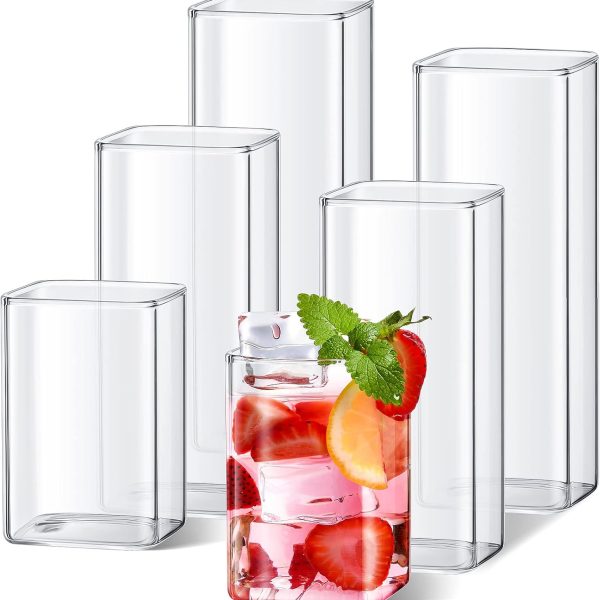 Set of 6 Square Drinking Glasses 8/13/17 oz Cocktail Glass Cups Clear Tall Cute Tumbler for Iced Tea Juice Beer Coffee Mixed Drink