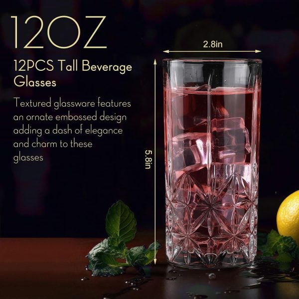 Set of 12 Tall Highball Glasses 12 oz Crystal Drinking Glasses Clear Fancy Cups Vintage Textured Designer Glassware for Cocktail Tea Water Beer Soda Beverages, Dishwasher Safe(Stylish Style)