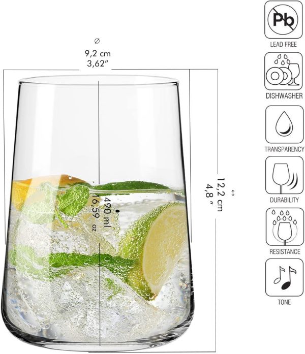 Water Glasses, Set of 6, 16.6 fl oz, Water Drinks Juice,  Collection, Lead-Free Lightweight Glass, Everyday Drinking Glass, Dishwasher Safe, Made in Europe