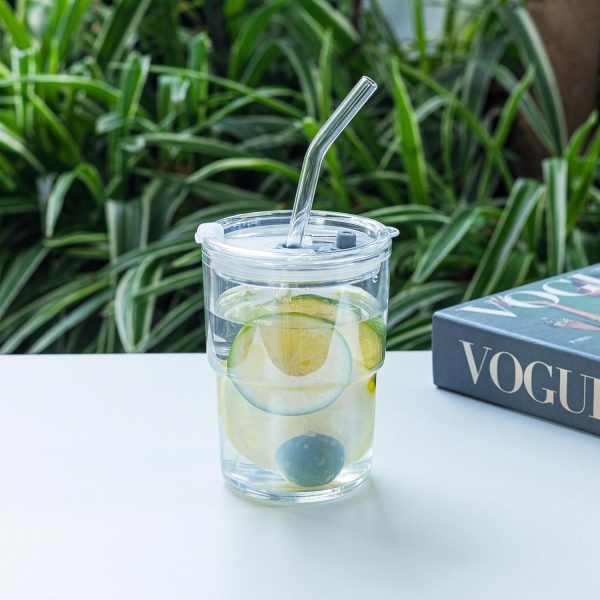 13oz/400ml Tumbler Water Glass, Cups with Straw and Lid Sealed Carry on for Coffee, Iced Tea, Thick Wall Insulated Glass Cup(white)