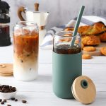 20oz Glass Water Tumbler with Silicone Protective Sleeve - Beer Shaped Glass Cups with Straw and Bamboo Lid, Iced Coffee Glasses, Cute Drinking Glasses for Water, Smoothie, Gift - Cambridge Blue